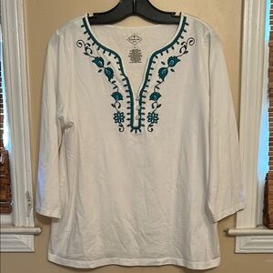 Embroidered White and Teal Women's Top